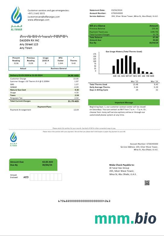 Szablon rachunku za media biznesowe UAE Al Fanar Gas Group w formatach Word i PDF